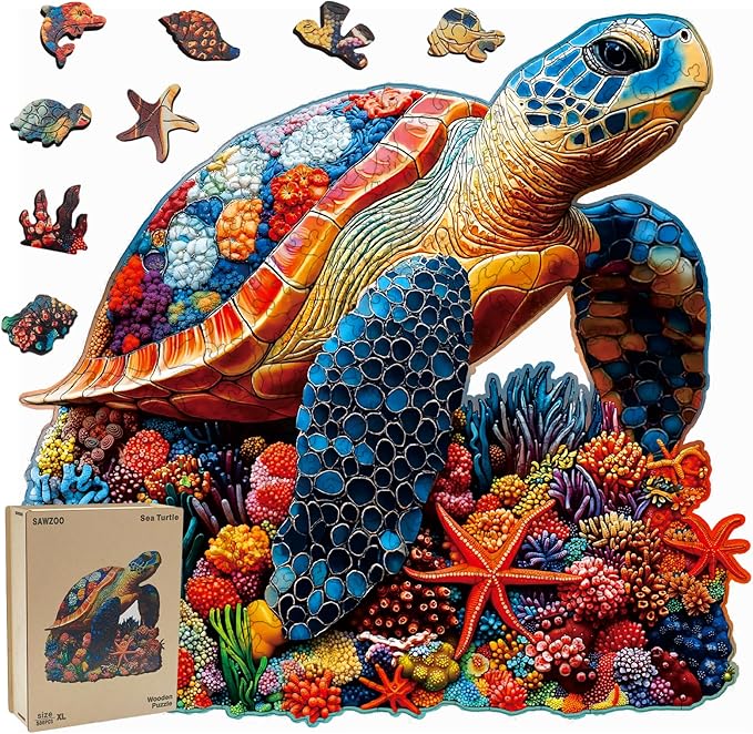 Wooden Jigsaw Puzzles for Adults and Kids, Sea Turtle 500 Piece Unique Shaped Puzzle, Family Game and Creative Wooden Puzzle Gift, Wall Art Decor