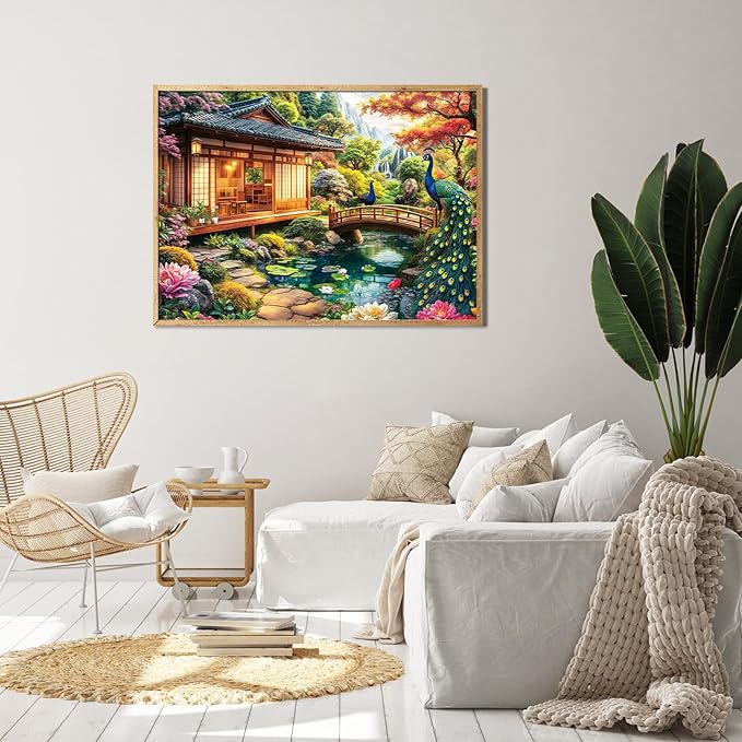 1000 Piece Puzzles for Adults - Traditional Japanese Retreat - Jigsaw Puzzles for Adults and Kids 1000 Piece Educational Games Colorful Puzzles-Exquisite Japanese Garden with Peacocks