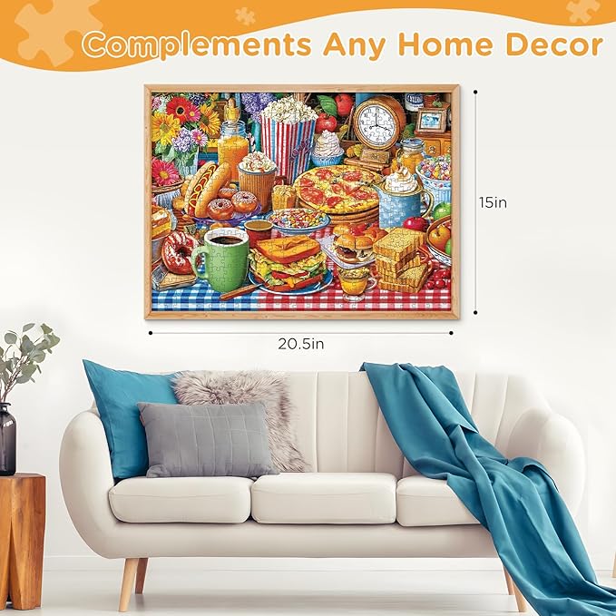 500 Piece Jigsaw Puzzle for Adults – Colorful Food Table with Pizza Donuts Coffee, Delicious Food Puzzle 500 Piece with Letters on Back Dust-Free,Fun Family Game,Gift for Men Women Seniors 20.5 x 15in