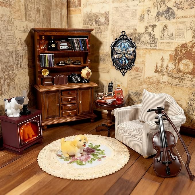 1：12 Scale Miniature House Furniture Set Classic Mini Furniture Sofa Set with Pillows Mini Couch Carpet Wooden Furnitures Bookshelf Desk Chair Living Room Scene Decor