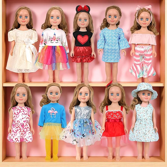 MSYO 10 Sets Doll Clothes for 17 - 18 Inch Dolls, 17 Pcs Diverse Outfits (Lace Dress, Unicorn Shirt & More), Fashion Dress - Up Set for Girl Doll Play & Gifting