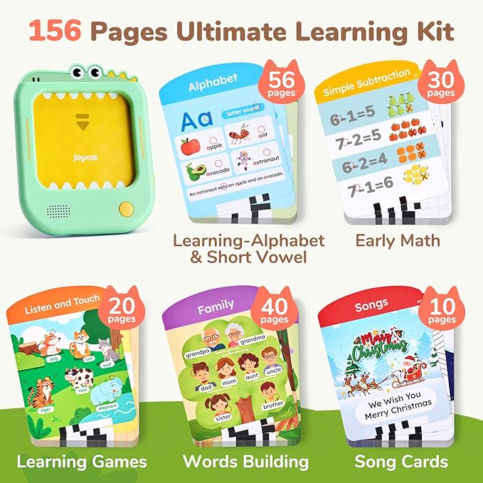 JoyCat Kids Learning Tablet, Phonics Talking Flash Cards, Learn to Read with 156 Pages, 40+ Themes, 600+ Words, 100+ Interactive Games, Screen-Free Toddler Learning Toys Gifts for 2-6 Year Old