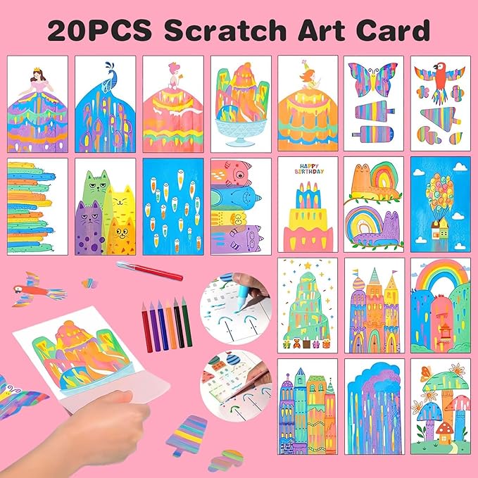 LEERYOUQU Squeegee Art Craft Kit, Creative Painting Kit for Kids, Rainbow Scratch Paper Art Set Notebooks, Magic Dot Scratch Painting Party DIY Gifts for Girls and Boys
