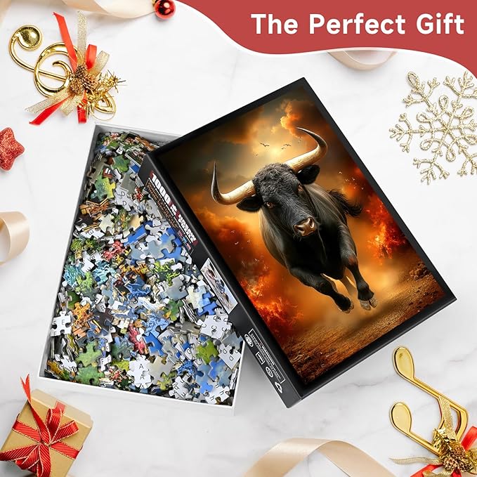 Fiery Black Bull 1000 Piece Puzzle for Adults - Powerful Bull with Golden Horns & Flaming Sky Art, Poster & Lettered Back, 20"x28" HD, Gift for Strength & Animal Lovers