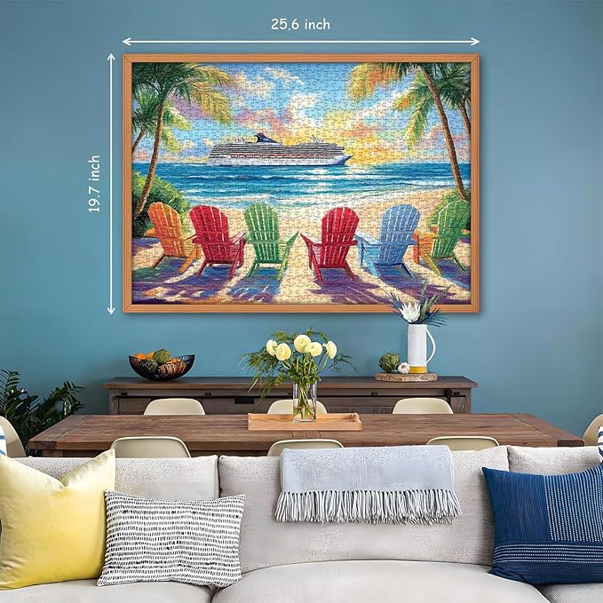PICKFORU Beach Puzzles for Adults 1000 Piece, Rainbow Beach Lounge Chair Summer Puzzle, Colorful Ocean Jigsaw Puzzle Scenery as Coastal Wall Art