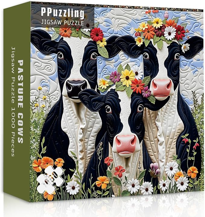 Farm Cow Puzzles 1000 Pieces for Adults, Challenging Patchwork Animal Jigsaw Puzzles, Nature Flowers Art Puzzle as Home Wall Art