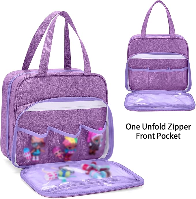 LoDrid Doll Tote Carrying Case Compatible with LOL Surprise Dolls All, Hanging Organizer Storage Bag with 6 Clear Window Pockets for Girls, Bag Only, Purple,(Patent Design)