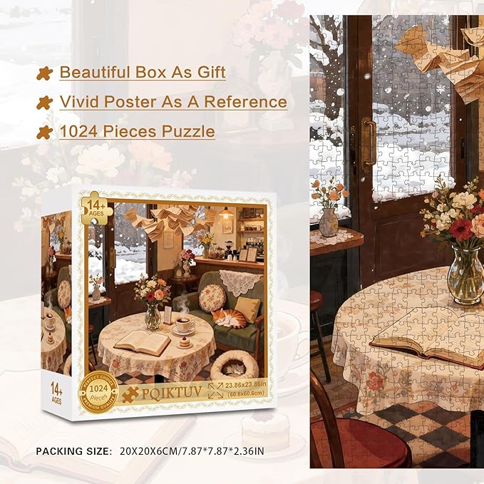 Puzzles for Adults 1024 Pieces Snowy Vintage Coffee Shop with Cats, Jigsaw Puzzles with HD Poster, Puzzles with Letter Markings, Gift for Family Friends（23.86 x 23.86 in）