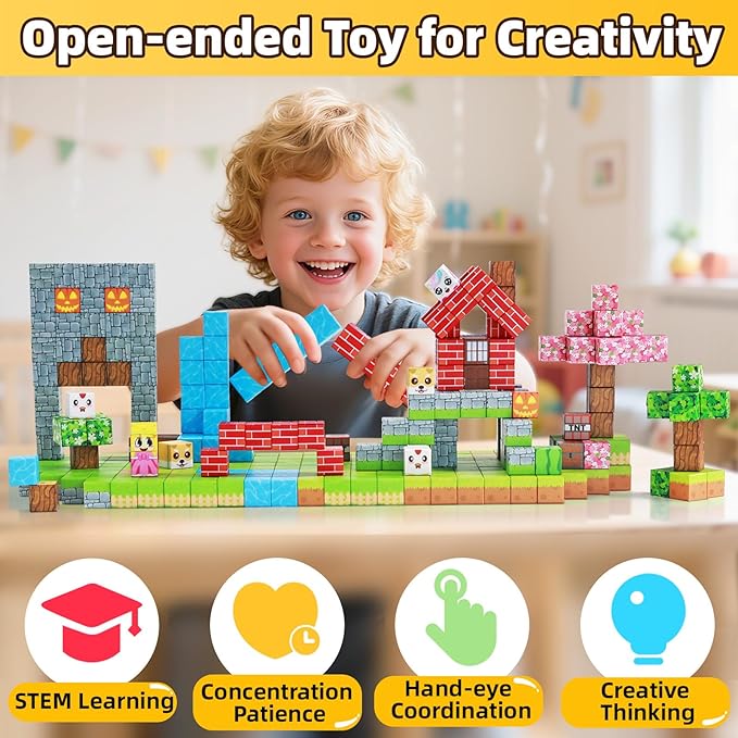 EchoPlan Magnetic Blocks, 100PCS Magnetic Building Blocks to Build a 3D World, Sensory Construction Stacking Magnet Blocks Toy for Kids Ages 3+, Boys and Girls Christmas Birthday Gifts