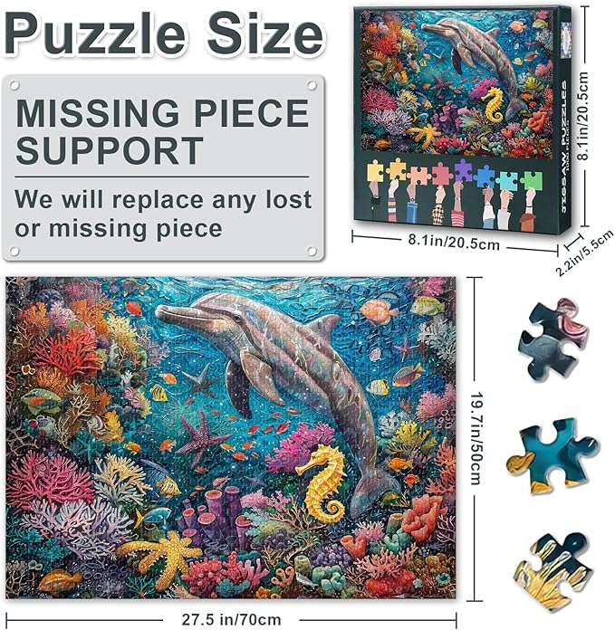 Jigsaw Puzzle 1000 Pieces, Dolphin Swimming in The Colorful Coral Reef Adult Jigsaw Puzzles, Underwater World Adults Puzzles 1000 Piece Educational Finished Size 19.5 x 27.5 Inch