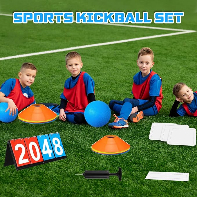 Huaerle 18 Pcs Sports Kickball Set Includes 2 Playground Ball with Air Pump 4 Rubber Throw Down Bases 10 Foul Line Cones and a Flip Scoreboard for Boys Girls Adults Playground School Backyard