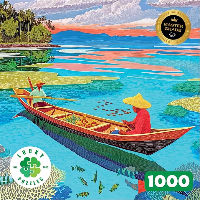Lucky Puzzles - Tides of The Tropics - 1000 Piece Jigsaw Puzzle for Adults | Colourful Coral Reef & Canoe Scene | Unique Ocean Puzzle | Perfect Brain Teaser Gift for Adults