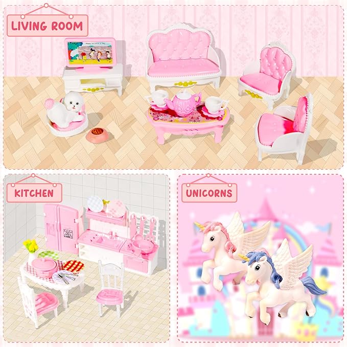92 Pcs Miniature Furniture Set Accessories Mini Furniture Plastic Bedroom Living Room Bathroom Kitchen Kit Small Pink House for Birthday Gift