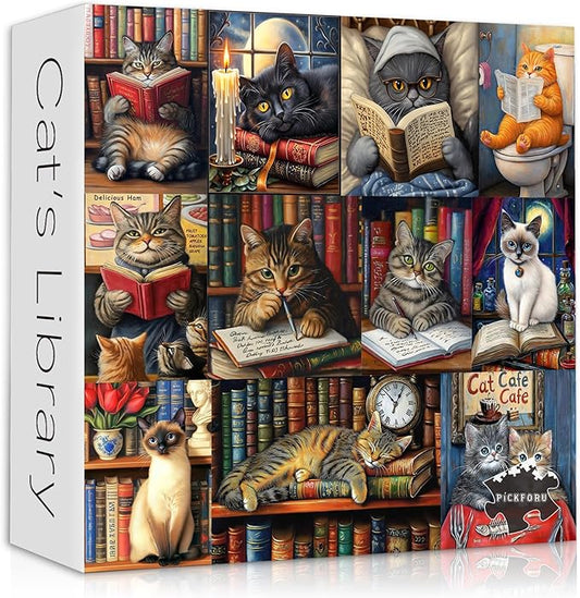 Vintage Cat Puzzles for Adults 1000 Pieces，PICKFORU Retro Cat Library Themed, Book Kitten Bookshelf Jigsaw Puzzles Collage Challenge
