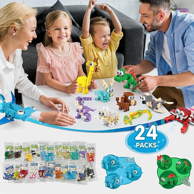 24 Packs Building Sets for Kids,3 in 1, 72 Kinds of Transformable Building Block Toy,Compatible with Mini Lego Animals,Classroom Student Prizes Christmas Birthday Gifts for Kid Age 6+