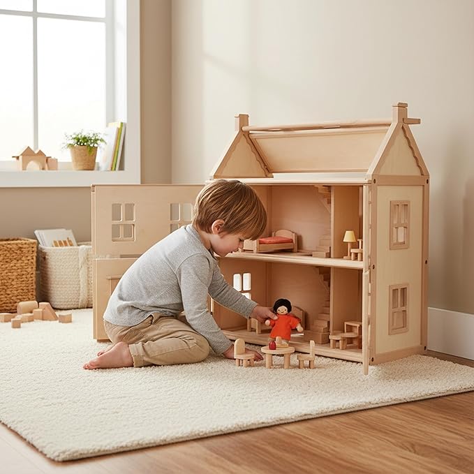 PlanToys® Boy Wooden Dollhouse Figurine | Poseable 1:12 Scale Mini Doll (4 Inch) | Dollhouse Accessories for Pretend Play | Eco-Friendly Montessori Toy for Kids Ages 3+