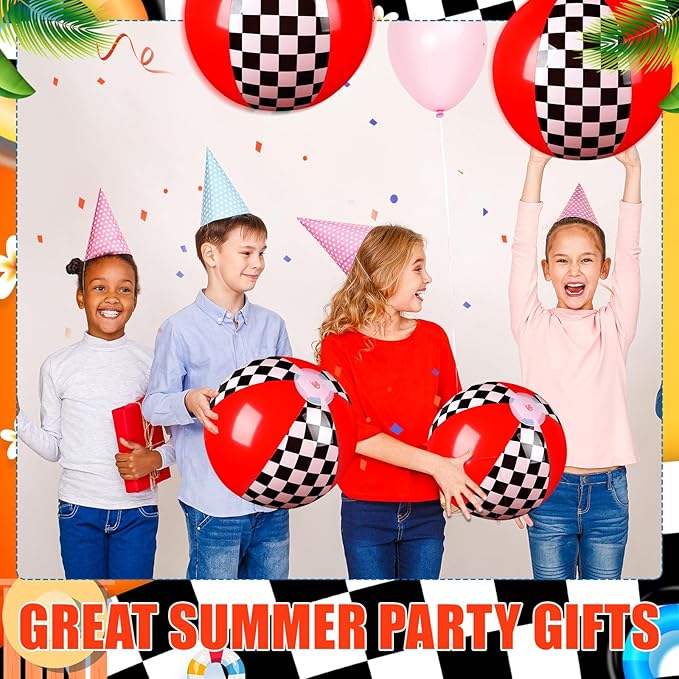 2 Pack Black White Red Beach Balls 11.8" Checkered Flag Themed Inflatable Beach Ball Bulk Race Car Birthday Party Supplies for Summer Pool End of The Year Decoration Favor