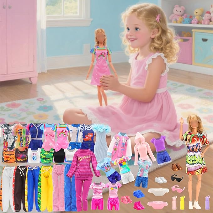 22 PCS Doll Sport Clothes and Accessories for 11.5 Inch Girl Doll Including 4 Fashion Dresses 6 Tops 6 Pants 5 Flat Shoes 2 Sunglasses 2 Shoulder Bag and 3 Water Cup