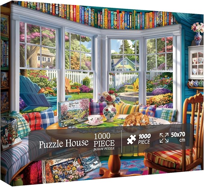 Cozy House Puzzle for Adults 1000 Pieces, Pretty Landscape Jigsaw Puzzle, Cat Kitten Garden Pretty Puzzle