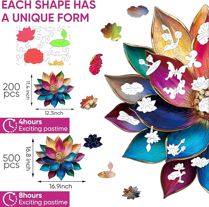 Wooden Puzzles for Adults, Lotus Flower Jigsaw Puzzles 5MM, 200 Pieces Unique Shape Puzzles with Box, Have Challenging Gifts for Adults and Kids, Puzzles for Women Birthday Family Game 12.3x11.4in