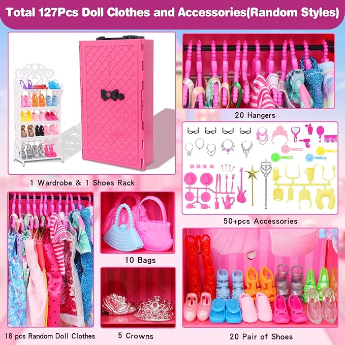 127pcs Doll Clothes Accessories and Closet for 11.5 inch Girl Doll,Dollhouse Wardrobe Storage Fashion Dress Gowns Outfits Swimsuits Tops Bottoms Shoe Rack High Heels Hangers Necklaces for 1/6 Dolls