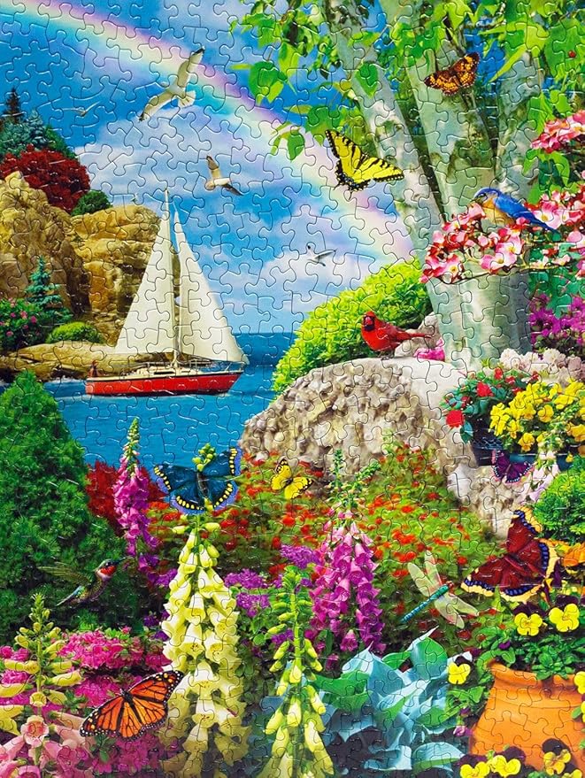 Springbok Stairway to Serenity 500 Piece Jigsaw Puzzle for Adults by Arist Alan Giana - Colorful Garden by The Ocean - Finished Size 23.5" x 18"