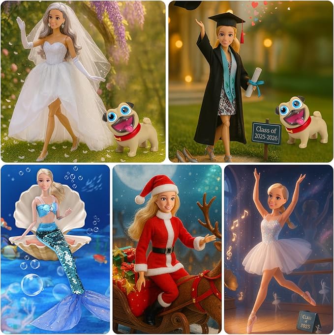 11.5 inch Themed Doll Clothes & Accessories – Educational Role Play Gift Set for Girls with 5 Outfits (Christmas, Wedding, Graduation, Mermaid, Ballet), 1 Puppy, 5 Shoes & 3 Headbands (No Doll)