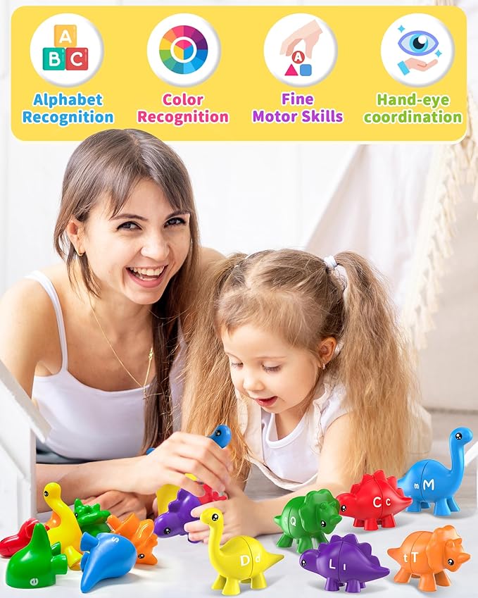 Walenty 26PCS Dinosaur Alphabet Learning Toys for Toddlers Kids 3-5, Montessori Educational Toys Gifts for 3 4 5 Year Old Boy Girl, Preschool Learning Activities, Double Sided ABC Matching Game