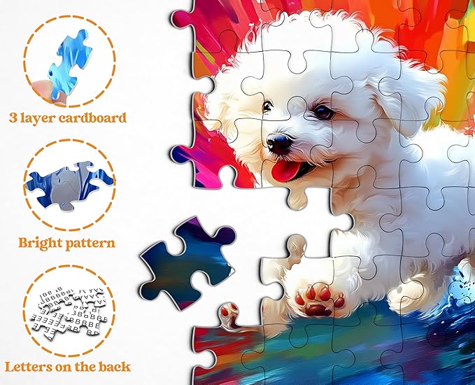 Dog Jigsaw Puzzles 1000 Pieces, Larkipuzz Cute Puppy Puzzles for Adults Bichon Frize, Impossible Gradient Colorful Rainbow Art Theme as Wall Decor