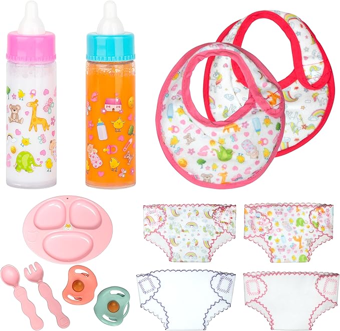 My Sweet Baby 13-Piece Doll Feeding & Diaper Bag Set – Disappearing Milk Bottles, Bibs, Pacifiers, Diapers & Accessories Set – Pretend Play Baby Doll Care Kit for Girls – Fits 12–18″ Dolls
