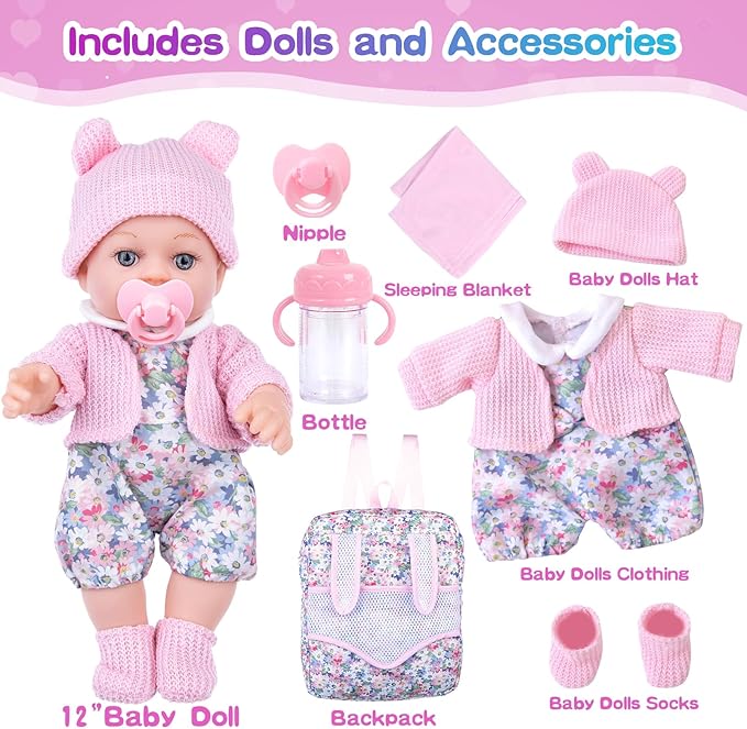 BDDOLL 12 Inch Baby Doll Backpack Playset with Dolls Clothes and Accessories Included Backpack, Washcloth, Bottles, Nipple,Socks, Hats