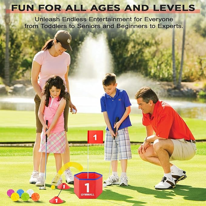 Golf Bucket Yard Game, Backyard Golf Set for Kids, Adults and Family, Outdoor and Indoor Portable 6 Holes Golf Course with Balls, Flags and Carry Bag for Lawn, Park, Beach and Hotel - Red