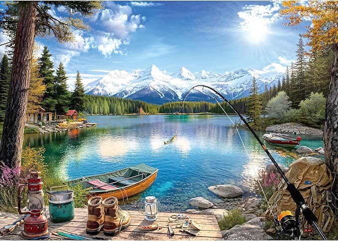 Lake Mountain Fishing Camp 300 Piece Puzzle for Adults, Fun Puzzles for Adults 300 Pieces with HD Print & Poster, 17"x11" Dust Free, for Gifts Halloween Christmas Family Games Lovers