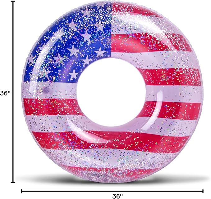 POZA Inflatable USA Pool Float - Luxurious Fun Lounger Filled with Sparkle Silver Stars Confetti, Cool USA Flag Design Water Swimming Pool Floaties for Beach, Lake & Pool