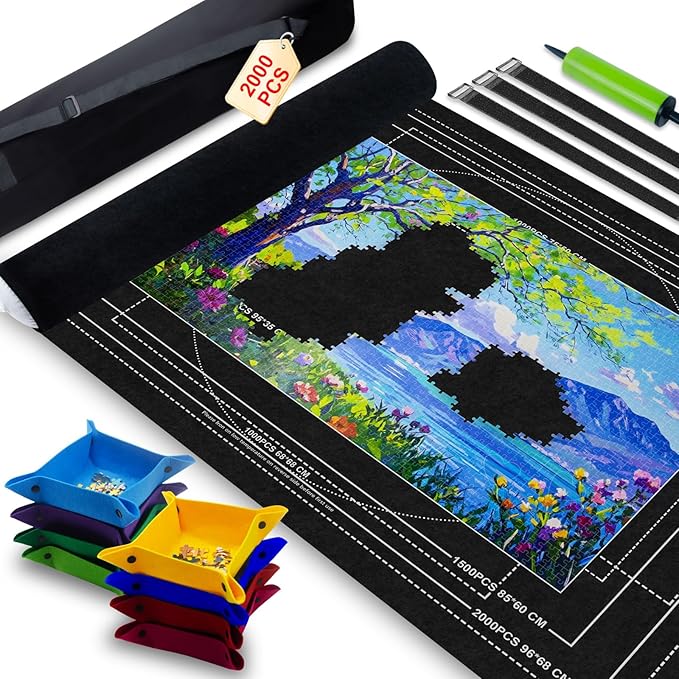 Jigsaw Puzzle Mat Roll Up with Storage Bag & 8 Sorting Trays, Air Pump System & Portable Puzzle Board & Saver for Up to 2000 Pieces, Felt Mat for Travel