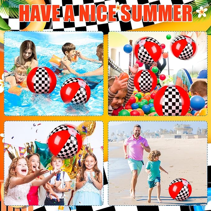 2 Pack Black White Red Beach Balls 11.8" Checkered Flag Themed Inflatable Beach Ball Bulk Race Car Birthday Party Supplies for Summer Pool End of The Year Decoration Favor