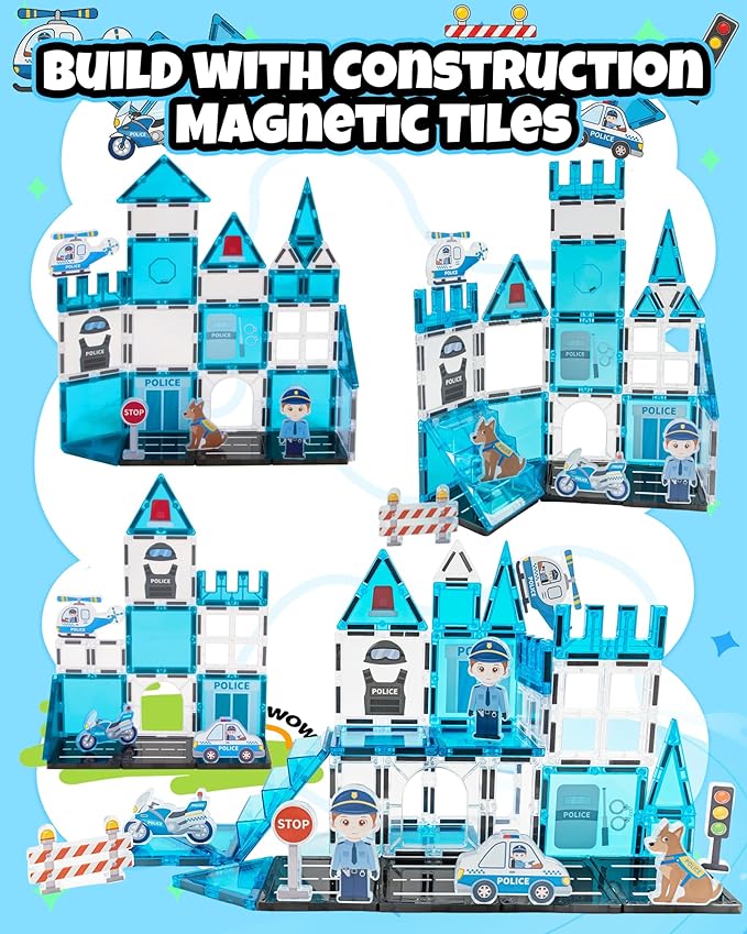 Magnetic Tiles for Kids Ages 3+, Police Magnetic Tiles Building Blocks with City Scene Pieces, Police Officer Elements & Accessories, STEM Toys for Toddlers, Ideal Gift for Boys and Girls