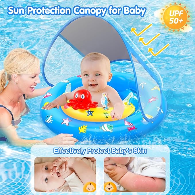 Baby Pool Float with Canopy, Inflatable Baby Swim Float with UPF50+ Sun Protection, Toddler Infant Pool Float with Toy Play Console Adjustable Safety Seat for Kids Girls Boys Aged 6-36 Months