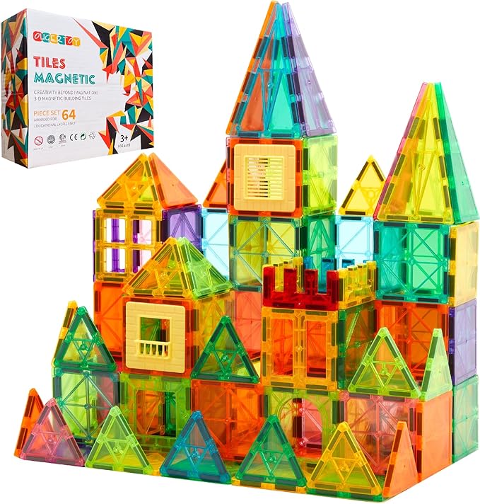 Magnetic Building Tiles for Kids,64 PCS Educational Magnetic Stacking Blocks for Boys Girls, Magnets Construction Toys,Stem Preschool Kindergarten Learning Toys