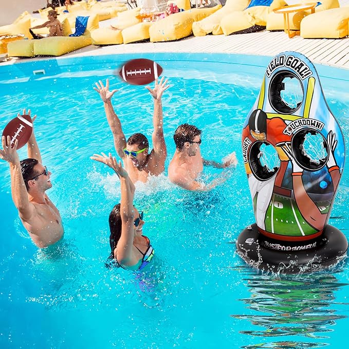 Inflatable Pool Toss Games, Football Target Toss Game with Mini Footballs for Kids Throwing Training Games for Yard Outdoor Indoor Beach Family Party Birthday Gift