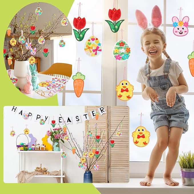 24 Pack Easter Suncatcher Craft Kit Easter Window Art Kit Bunny Carrot Egg Crafts Window DIY Tissue Paper Suncatcher Decoration Ornament for Classroom Art Party Favor Supplies