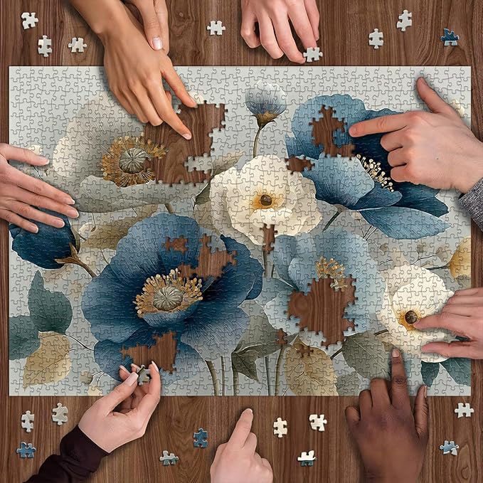 Elegant Flower Puzzles for Adults 1000 Pieces, Vintage Blue White Floral Jigsaw Puzzle, Flower Artistic Puzzle Challenge for Adults Art, Elegant Home Decor