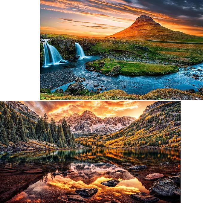 Jigsaw Puzzles for Adults,2 Pack Puzzles for Adults 1000 Pieces,Sunset Over Kirkjufell in Iceland & Maroon Bells, Nature Jigsaw Puzzles 1000 Pieces and up, for Women & Men