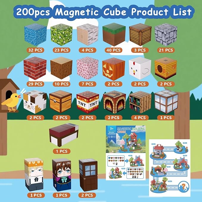 200PCS Magnetic Building Blocks for Kids, Magnet Cubes STEM Educational Magnet Stacking Toys for Age 3-5 4-8 8-12, Sensory Play Montessori Toys for Boys and Girls, Creative Construction Forest