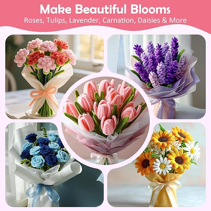 500 Pcs Pipe Cleaners Craft Kit for Flower Making, Complete DIY Bouquet Set with Chenille Stems, Craft Wire, Stamen, Tape, Ribbon & More, Perfect for Arts, Handmade Gifts & Decorations