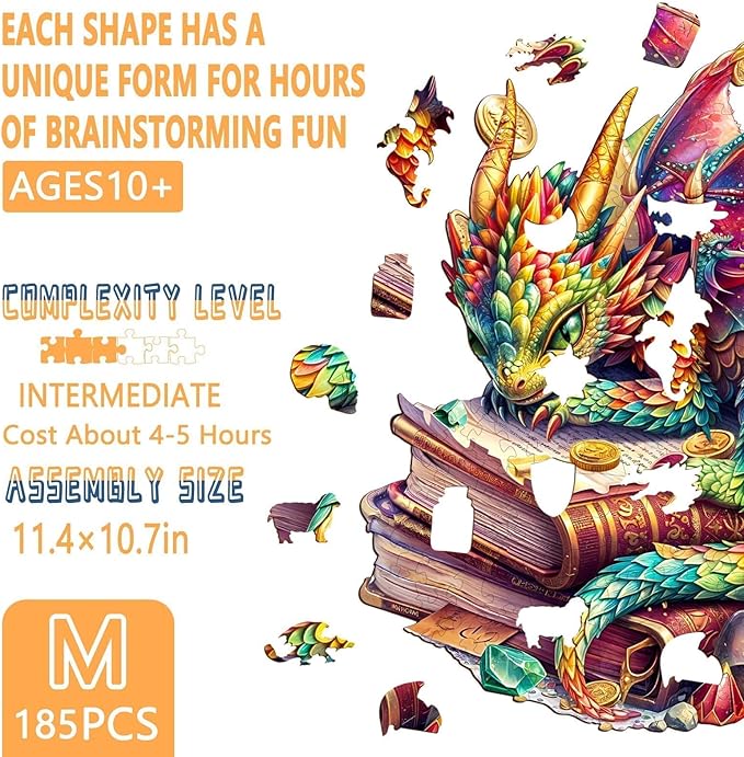Wooden Puzzles for Adults - Jeweled Dragon Puzzle, Unique Shape Wooden Jigsaw Puzzle for Adults, Wood Puzzles Adult, Good Gift Idea for Friends, Home Decor (M-11.4 * 10.7in 185 Pieces)