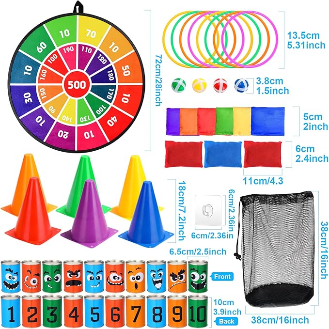 Hungdao 3 Sets Carnival Games Combo Set, Dart Board with Balls Plastic Cones Ring Bean Bags Toss Game for Boys Girls Adults Family Birthday Yard Indoor Outdoor