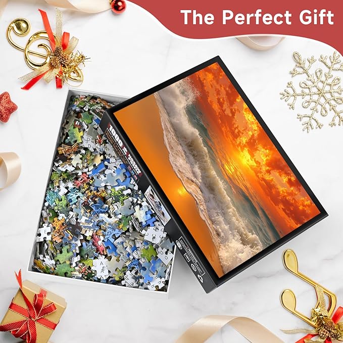 Beach Sunset 1000 Piece Puzzle for Adults - Coastal Landscape Art, Fiery Ocean Scene, Poster & Lettered Back, 28"x20" HD, Gift for Nature & Travel Lovers