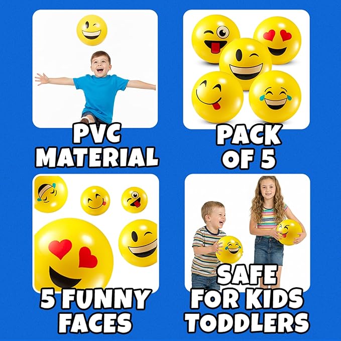 8.5-Inch Happy Face Bouncing Balls for Kids & Toddlers (Pack of 5) - Playground Balls w/ 5 Fun Designs - Lightweight Play Bouncy Ball Gifts for Boys & Girls