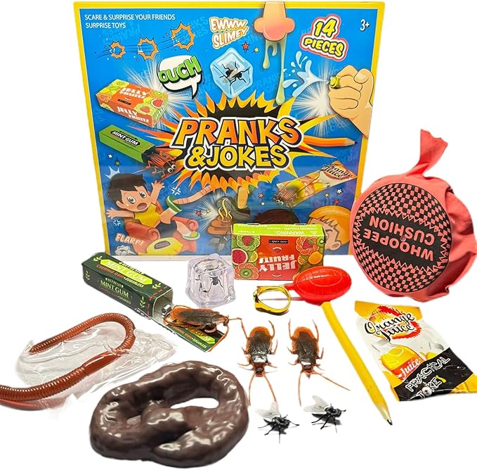 Gag Prank Kit, Funny Joke Toys, 12 Piece Portable Set, Assorted Novelty Practical Joke Gadgets, Party Favors Entertainment Pack, Humor Toy Collection for Kids Friends Adults Home